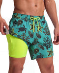 maamgic Mens Swim Trunks with Compression Liner 5 Inch, Quick Dry Bathing Suit with Zipper Pockets, Stretch No-Chafing Swim Shorts, Green-Sea World Large
