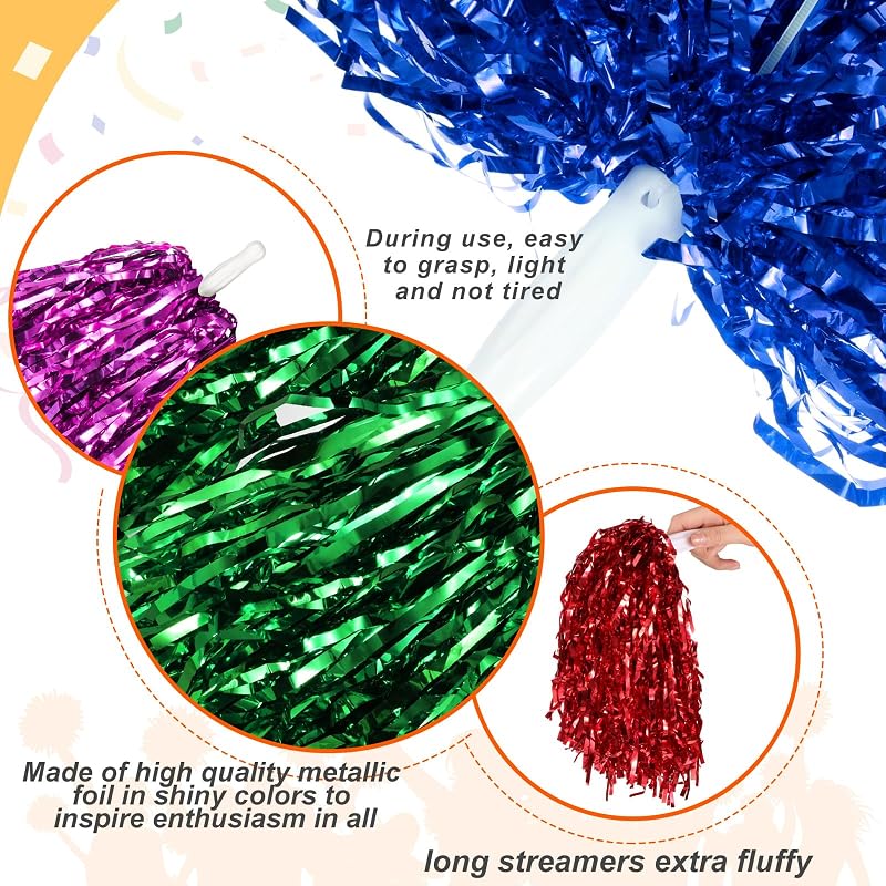 Multicolor 100 Pcs Metallic Cheerleading Pom Poms with Plastic Handles - 13in