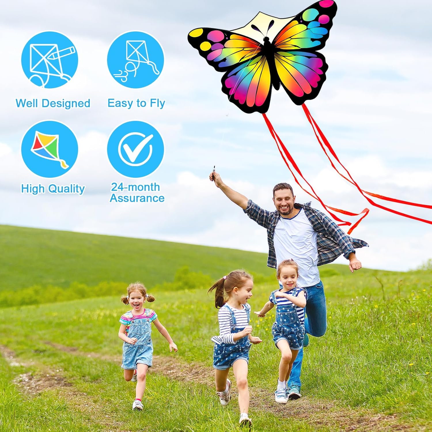 Skiennix Colorful Butterfly Kite - Easy to Fly for Kids & Adults | Perfect for Parks & Beach, 50M String Included
