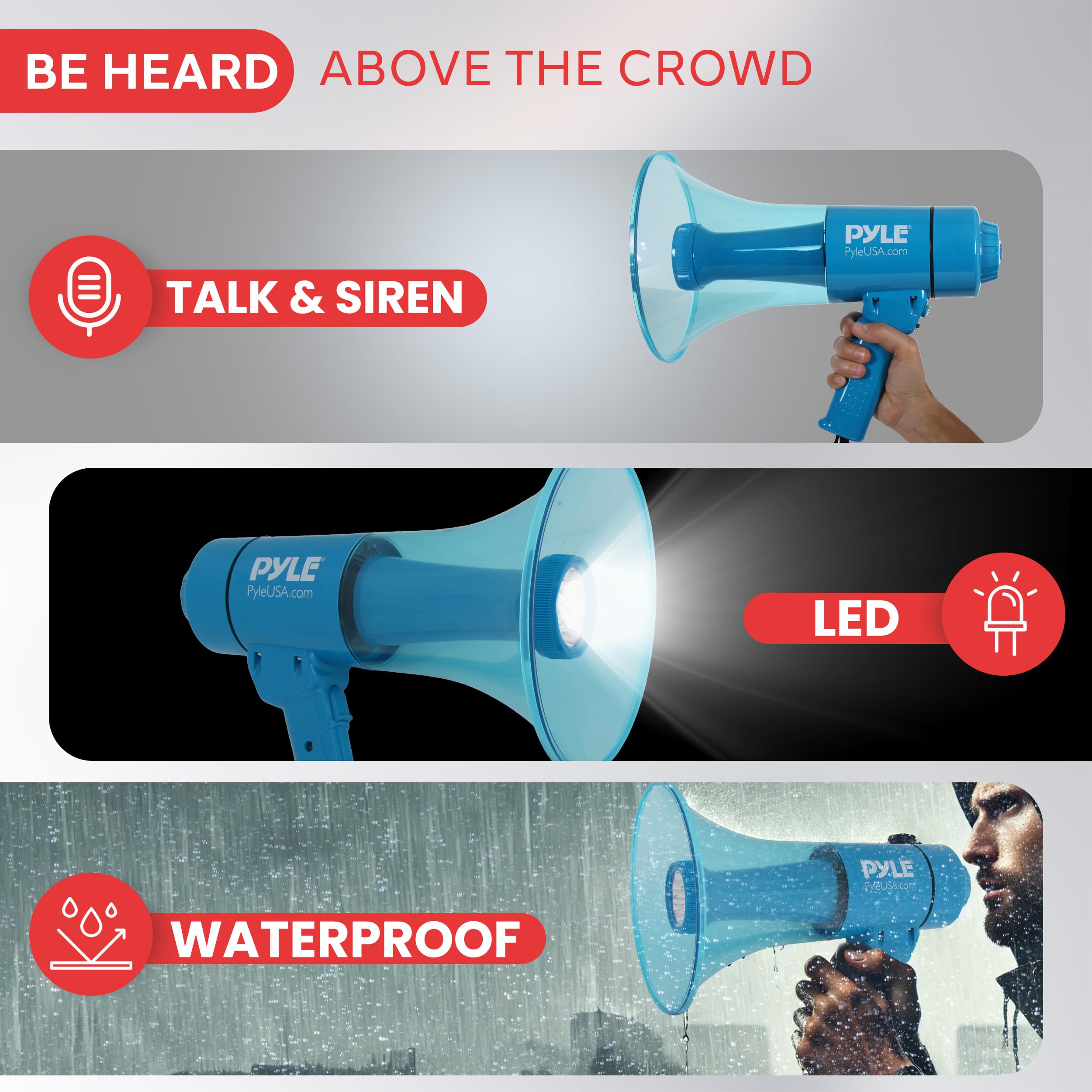 Pyle Megaphone Bullhorn and Flashlight - 40W Portable Megaphone Includes Rechargeable Battery, Alarm Siren, Adjustable Volume, LED, Indoor Outdoor