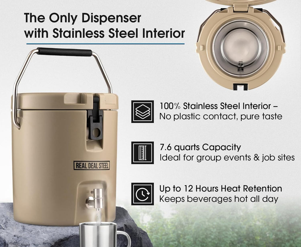 Skiennix Insulated Beverage Dispenser - 2 Gallon Hot Drink Container with Stainless Steel Interior | Perfect for Camping & Parties - Tan