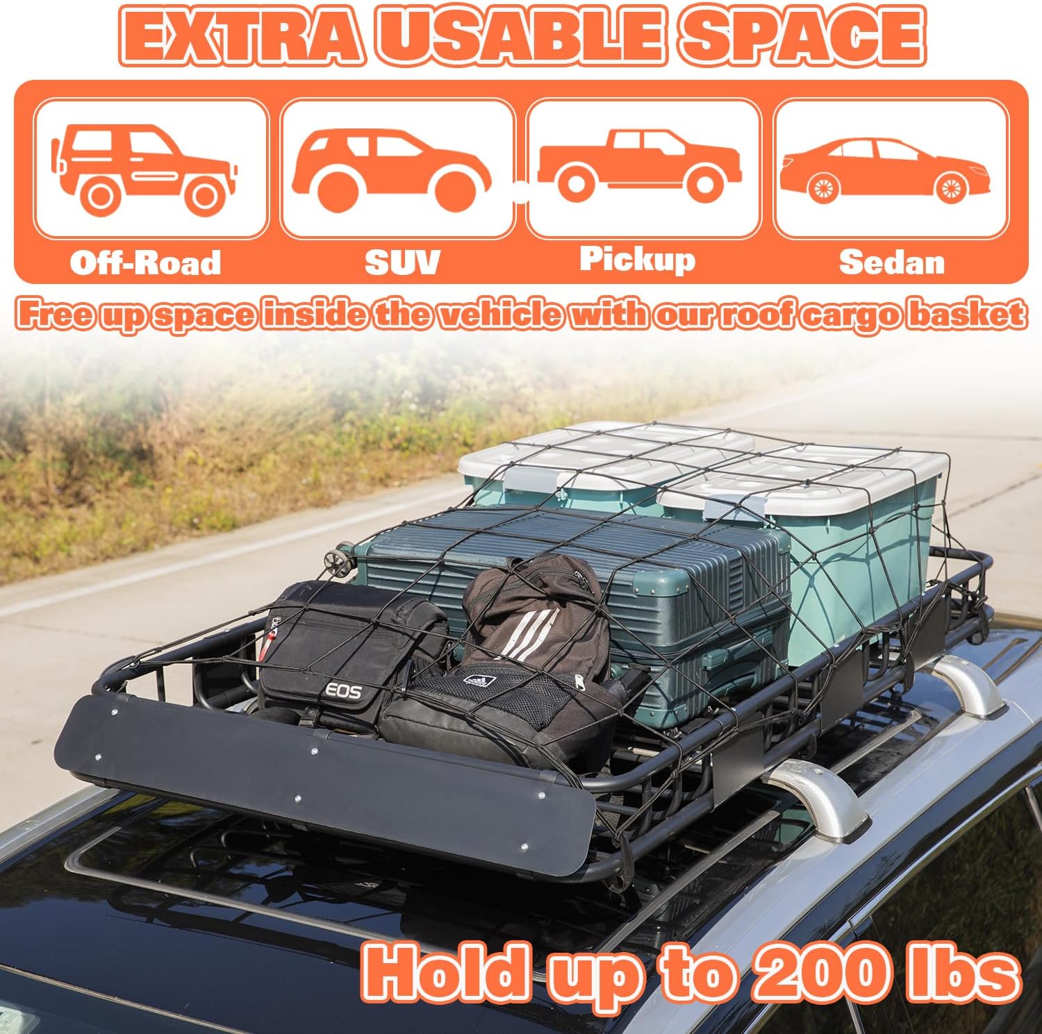 WEIZE Roof Rack Carrier Basket - Large 64" x 39" x 5" with Waterproof Bag & Cargo Net | Ideal for SUVs & Trucks