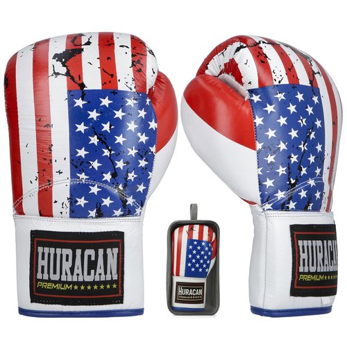 Genuine Leather Boxing Gloves – Special Edition USA Flag Design – Lace Up Training & Sparring Gloves – Muay Thai, Kickboxing & MMA – 14, 16 oz – Huracan Premium (US Flag, 14 oz)