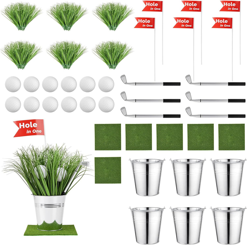 Skiennix Golf Party Decorations Kit - 6 Reusable Centerpieces with Iron Buckets, Mini Balls & Flags
