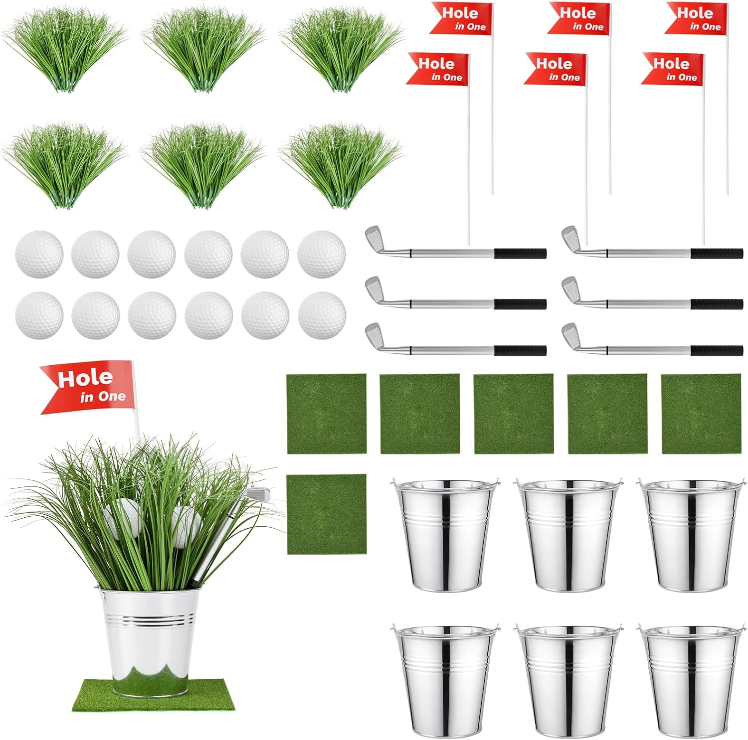 Skiennix Golf Party Decorations Kit - 6 Reusable Centerpieces with Iron Buckets, Mini Balls & Flags