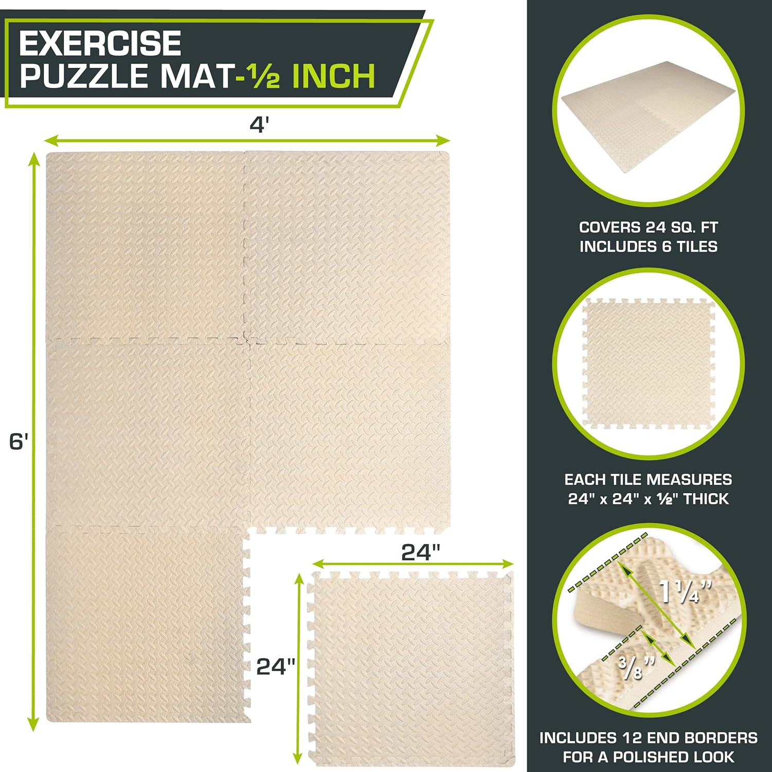 ProsourceFit Puzzle Exercise Mat - EVA Interlocking Foam Tiles for Home Gym | Cream, 24" x 24" - 6 Tiles