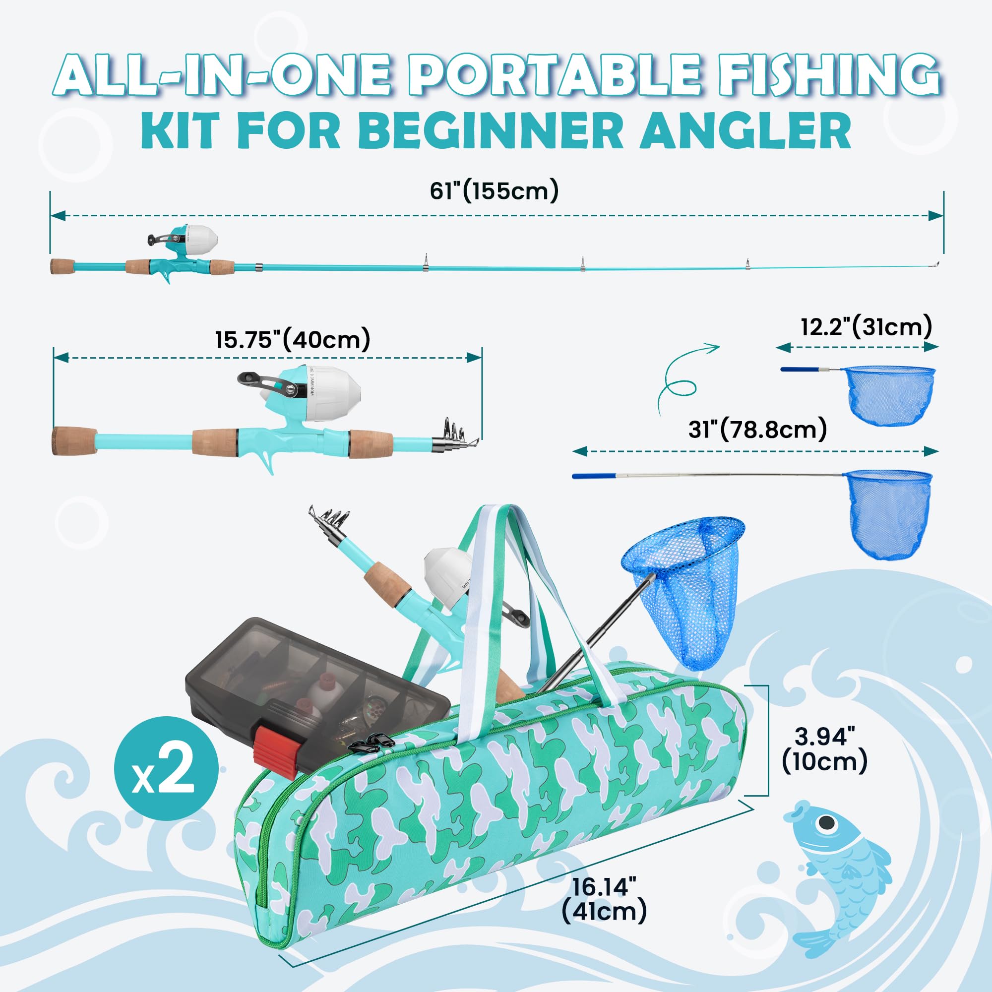 WIDDEN Kids Fishing Pole 2 Pack, Portable Telescopic Kids Fishing Poles for Boys and Girls, Fishing Rod and Reel Combo Kit with Tackle Box Bag Net, Best Fishing Pole for Toddler Youth and Beginners