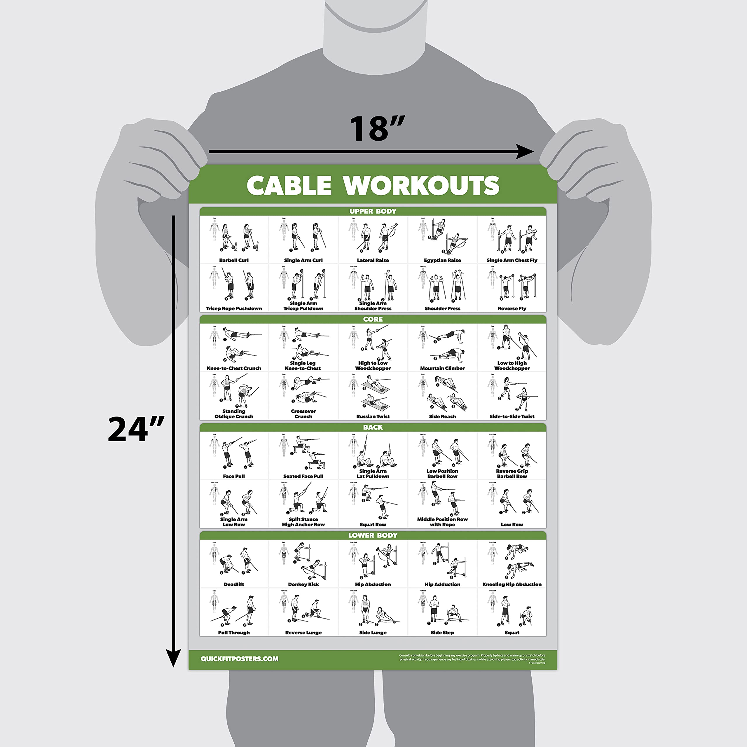Palace Learning 4 Pack - Cable Machine Workout Posters Volume 1 & 2 + Dumbbell Exercises Chart Volume 1 & 2 (LAMINATED, 18" x 24")