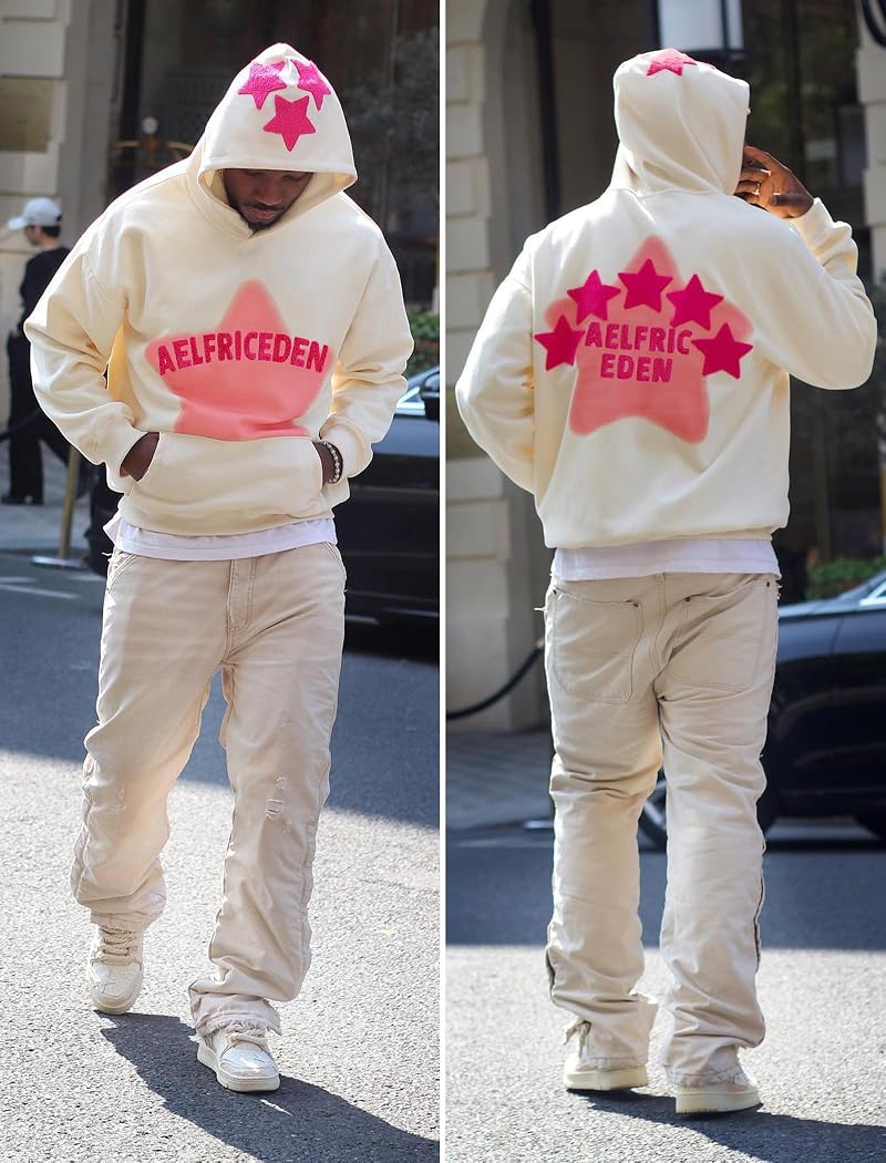 Aelfric Eden Aa01-Beige Small Graphic Hoodie Men Y2K Oversized Streetwear