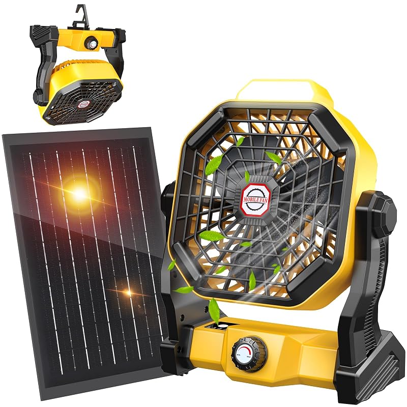 Solar Fan with LED Lantern, 7W Solar Panel, 10400mAh Battery, Quiet Outdoor Tent Camp Lantern Fan – Yellow