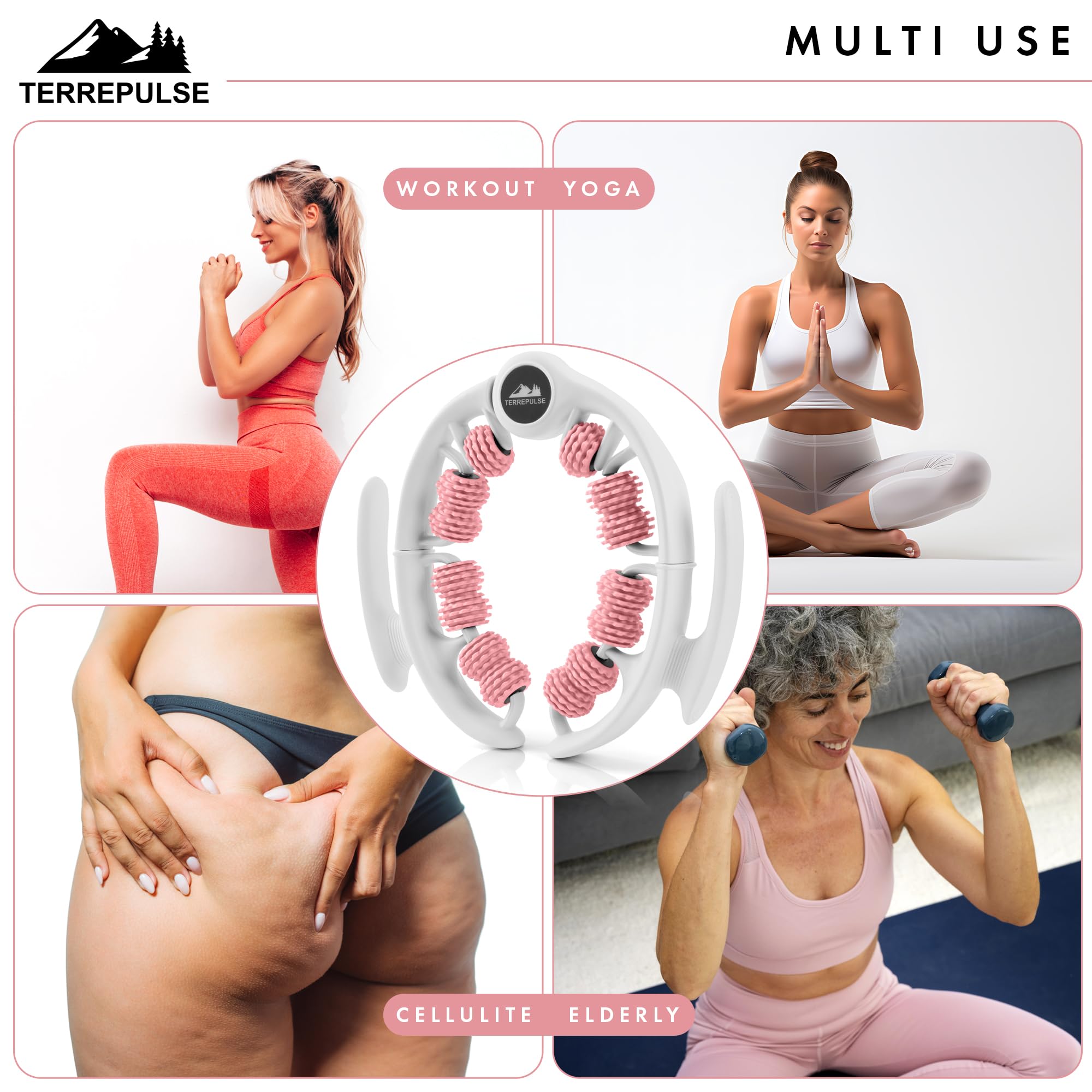 Terrepulse Anti Cellulite Roller & Lymphatic Drainage Massager | Deep Tissue Fascia Blaster & Muscle Roller | Tool for Sore Arms, Legs, Shoulders, Stomach & Buttocks (Pink)