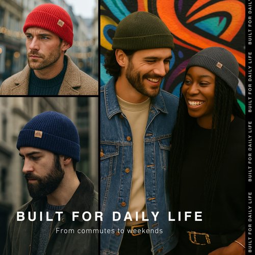 TOP-EX 100% Merino Wool Fisherman Beanie for Men Women | Navy Short Trawler Winter Knit Hat Warm Wool Knit Cap | Beanies for Skiing Running Outdoor Daily Use M/L