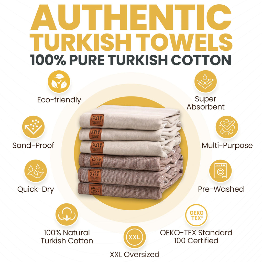 Gold CASE LYCIA Turkish Beach Towel Set of 6 – 100% Cotton Turkish Beach Towels Bulk 70 x 38'' – LYCIA Oversized, Quick Dry & Sand Free Beach Towel – Lightweight Towels Set in Mocha Mousse