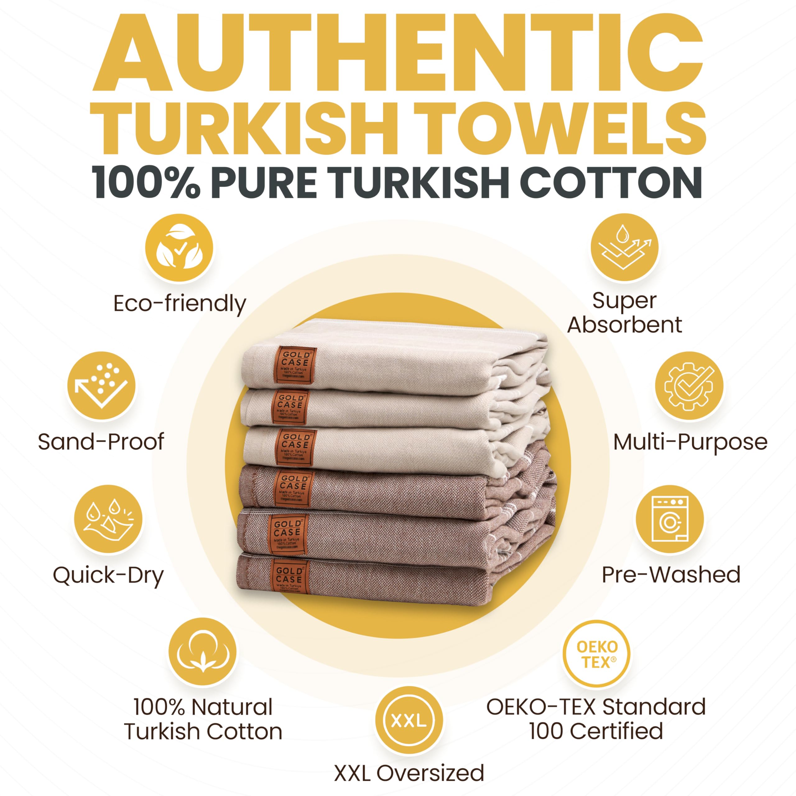 Gold CASE LYCIA Turkish Beach Towel Set of 6 – 100% Cotton Turkish Beach Towels Bulk 70 x 38'' – LYCIA Oversized, Quick Dry & Sand Free Beach Towel – Lightweight Towels Set in Mocha Mousse