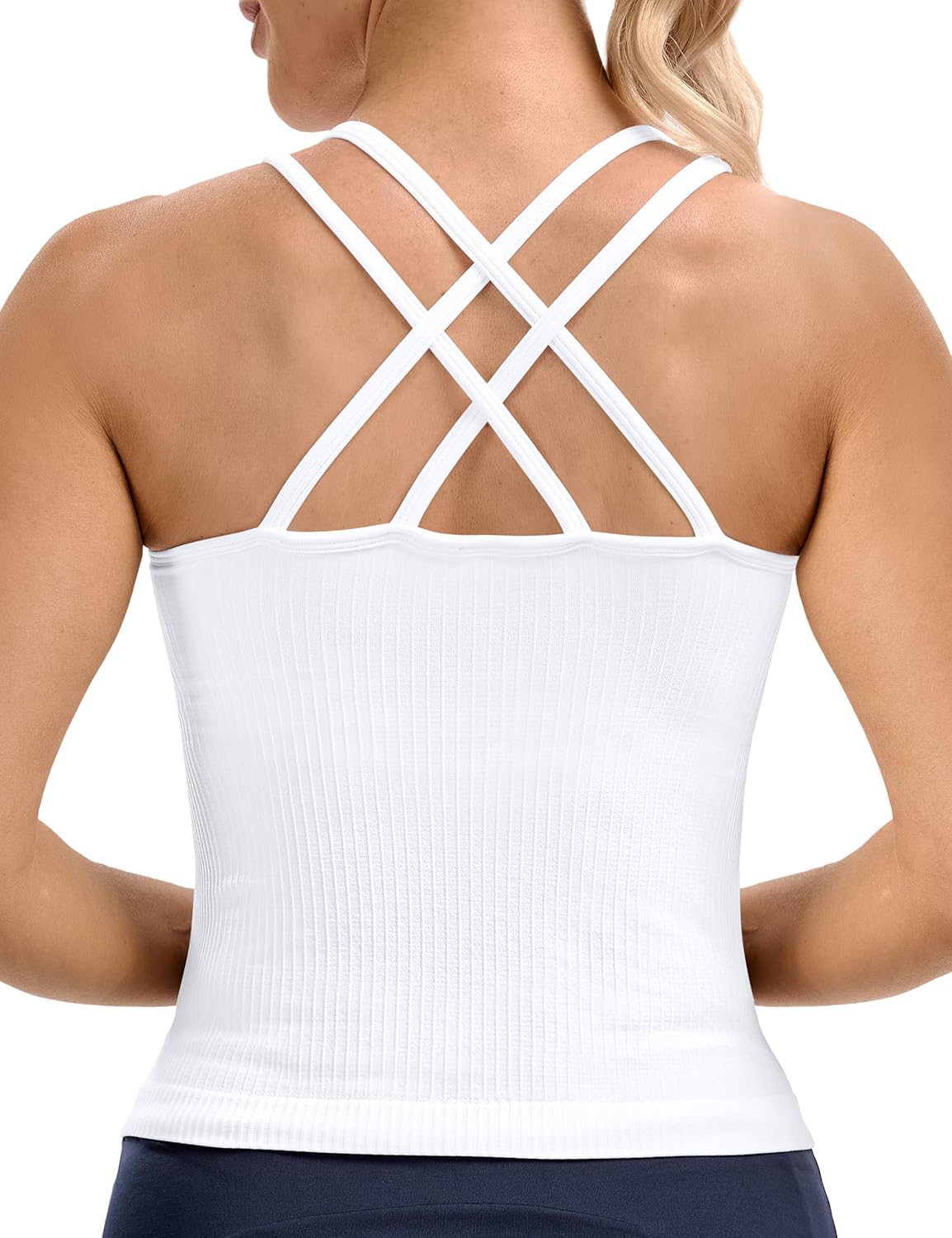 Skiennix Seamless Ribbed Workout Tank - Built-In Bra, V Neck Crisscross Back Yoga Top for Women