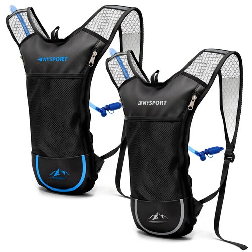 2 Pack Hydration Backpack Pack with 2L Hydration Bladder, TNYSPORT Lightweight Breathable Water Backpack with 3 Layer Pockets, Reinforced Shoulder Straps (Blue & Light Gray)