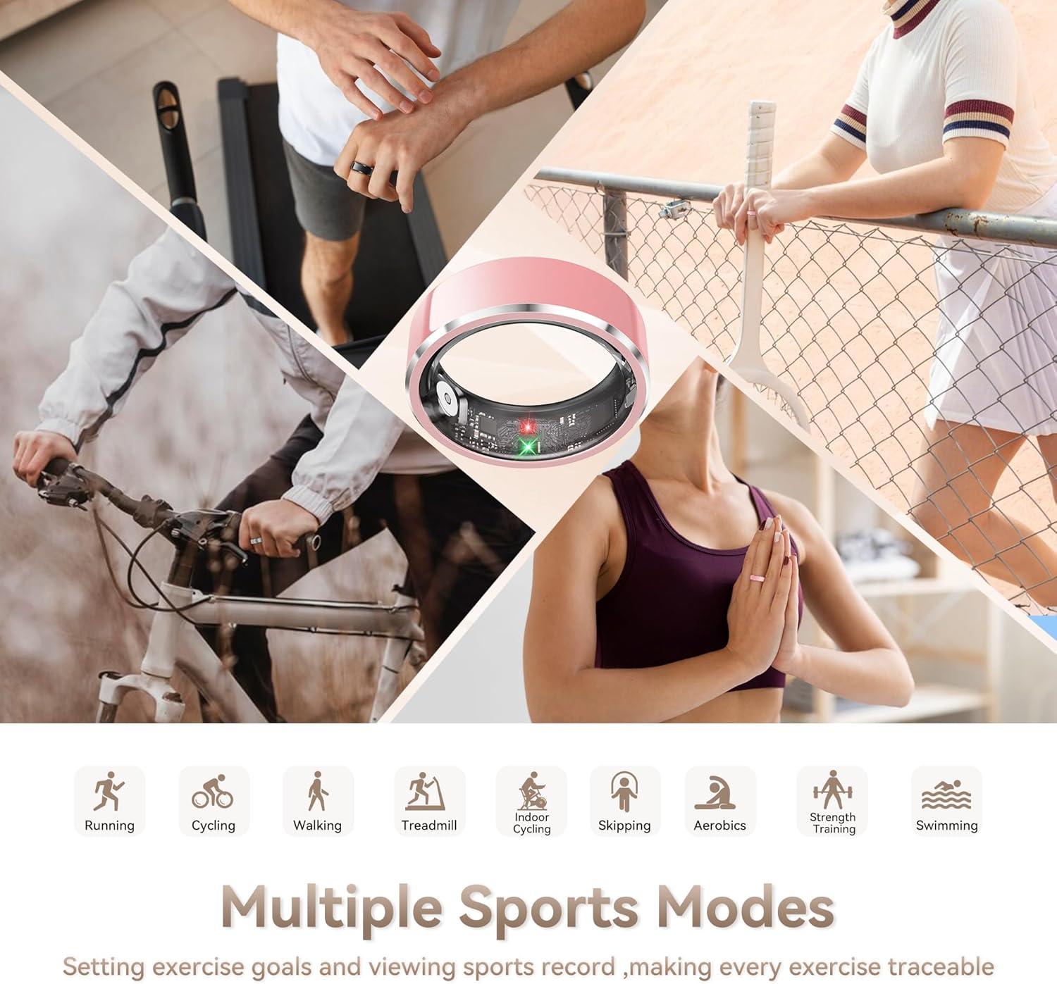 Skiennix Smart Ring - Fitness & Activity Tracker with Heart Rate Monitor | IP68 Waterproof, Pink Size 8