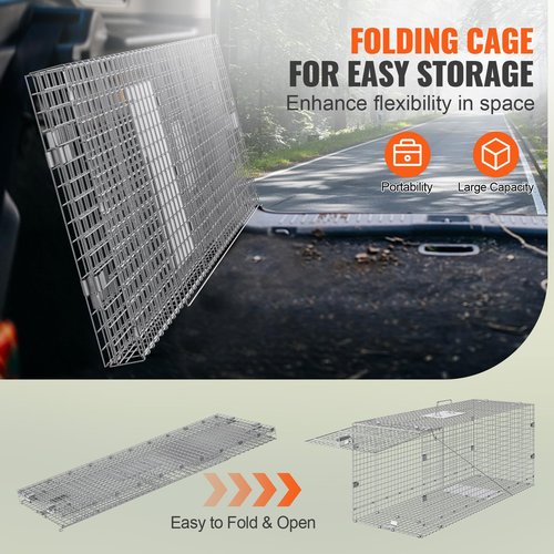 VEVOR Live Animal Cage Trap, 42" x 16" x 18" Humane Cat Trap Galvanized Iron, Folding Animal Trap Cage with Handle for Stray Dogs, Armadillos, Raccoons, Foxes