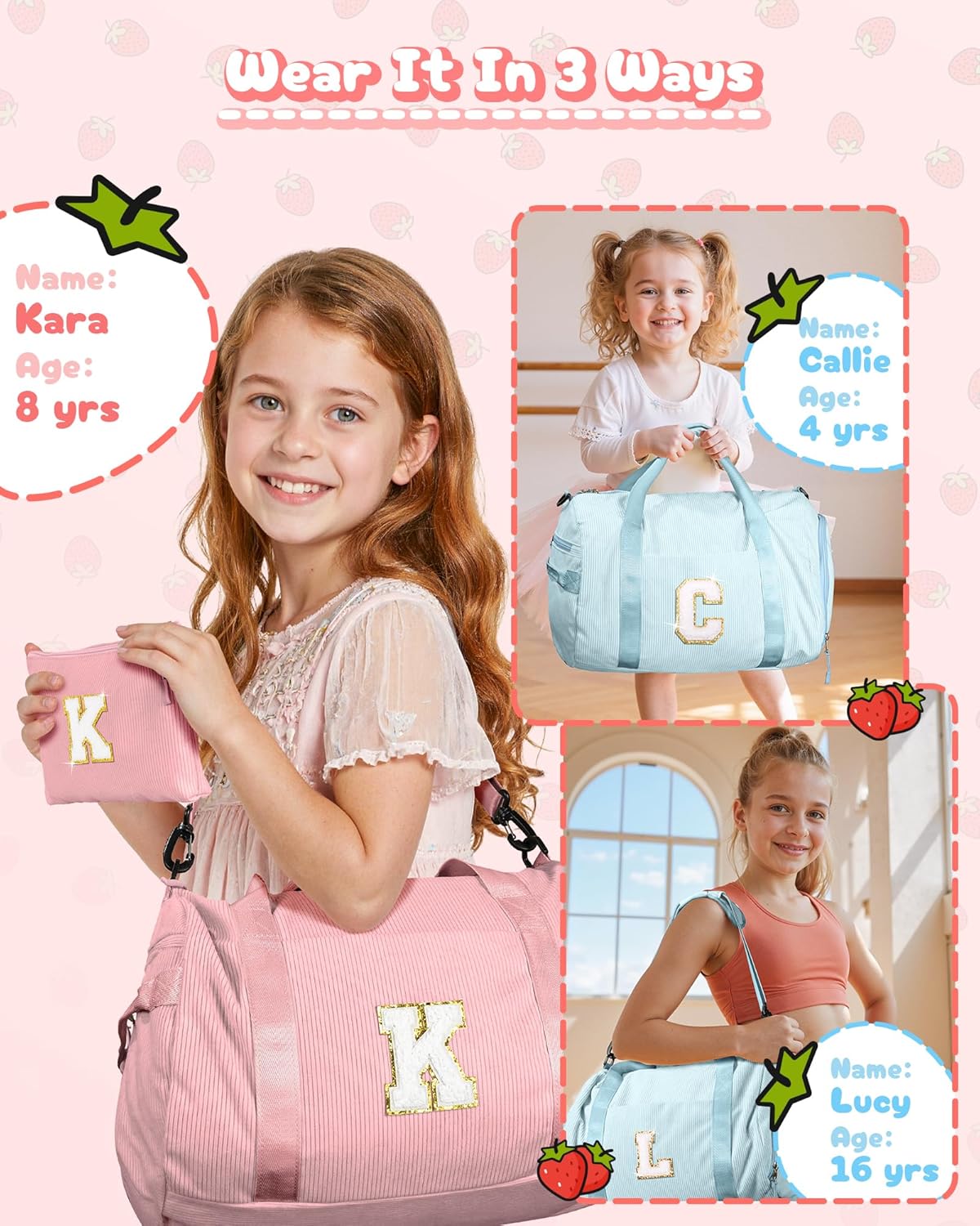 Skiennix Personalized Dance Bag - Kids Gym Duffle with Shoe Compartment & Toiletry Bag | Gift for Girls Ages 3-8