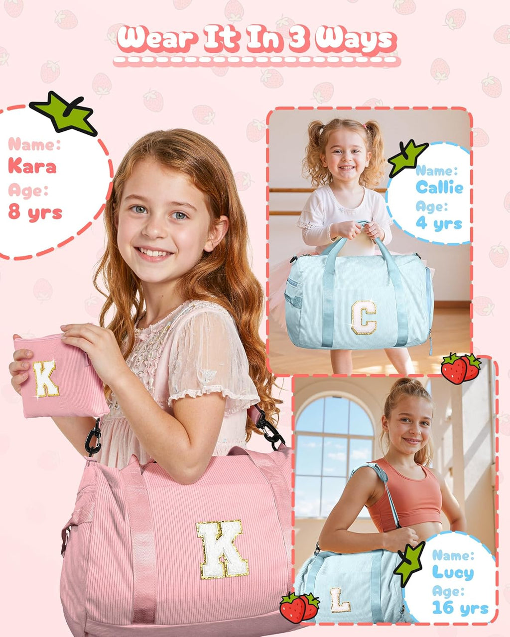 Skiennix Personalized Girls Gym Bag - Customized Dance Duffle with Shoe Compartment & Toiletry Bag | Perfect Birthday Gift for Ages 3-8 (Letter Y)