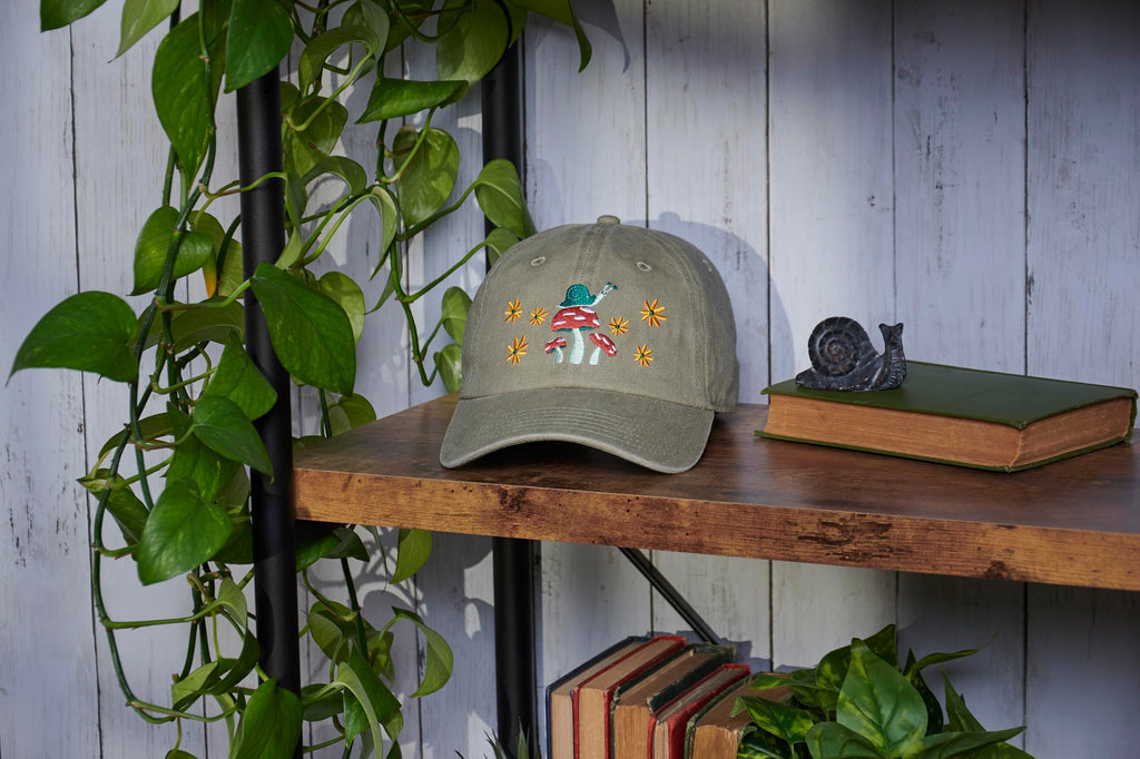 Primitives by Kathy Baseball Cap, Mushrooms Full Color Design, Stonewashed Khaki, Adjustable fit Metal Buckle