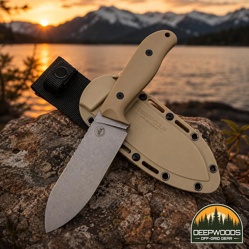 Fixed Blade Knife with Sandvik 12C27 Steel, G10 Handle — DeepWoods Bushcraft Survival (Desert Gray) - Outdoor Camping