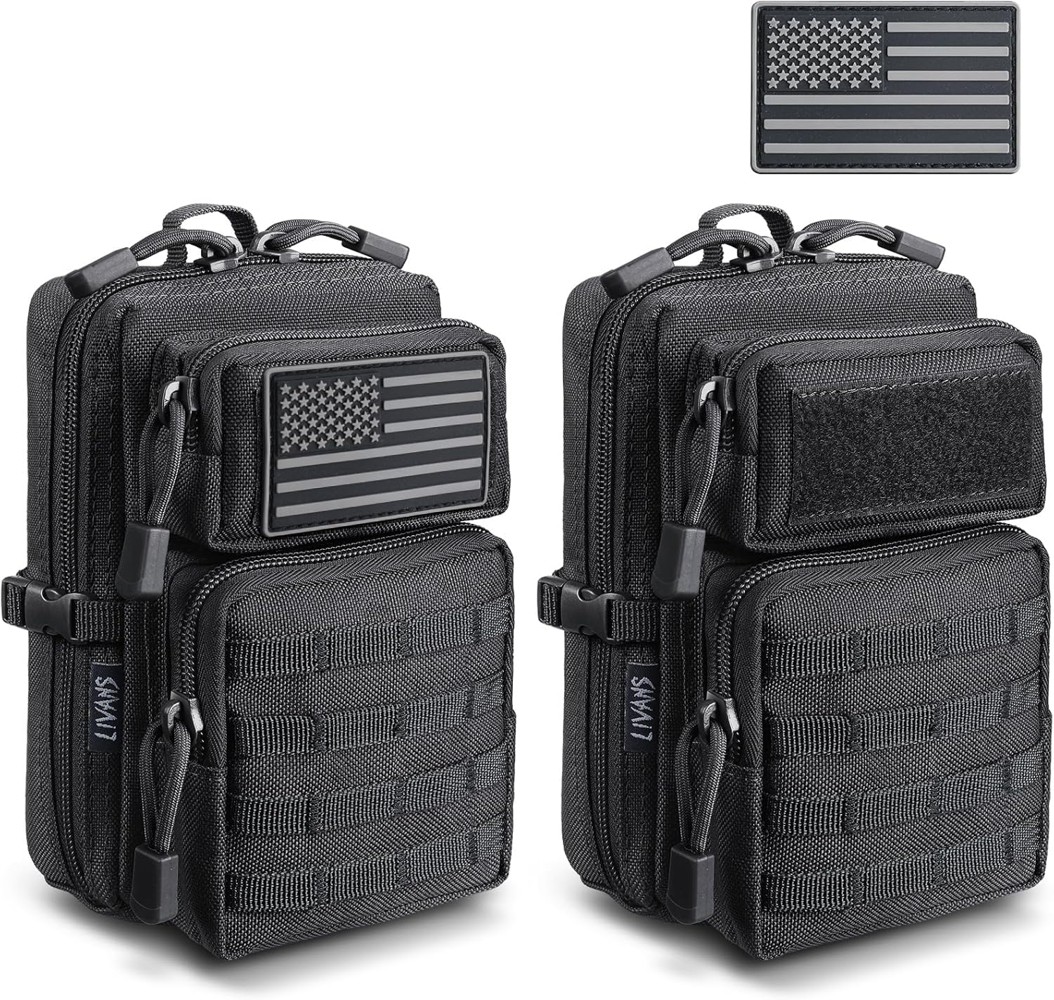 Skiennix Tactical EDC Pouch - 2 Pack Utility Phone Holder for Duty Belt, Backpack, Vest | Includes 2 US Flag Patches