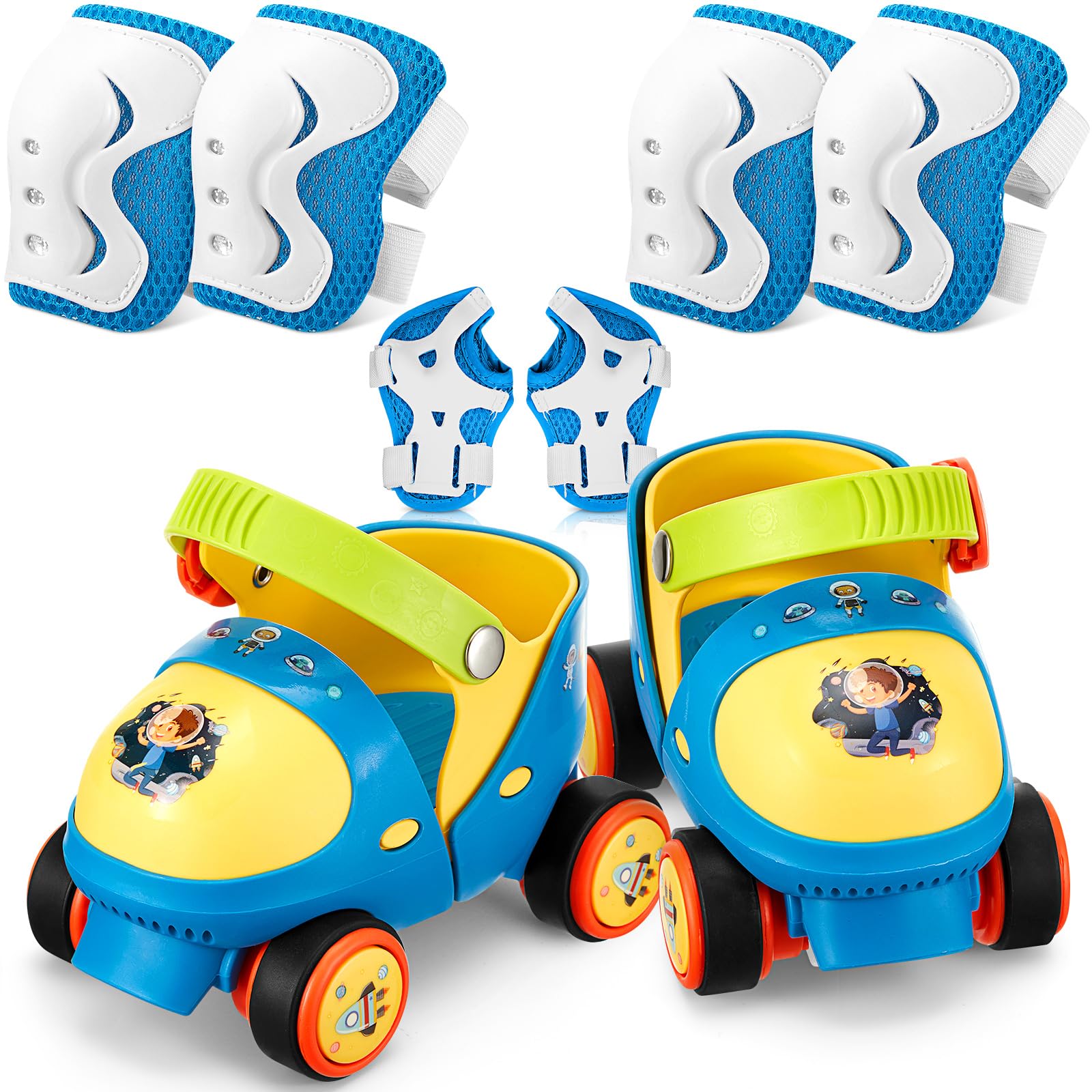 VioraWhite Toddler Roller Skates with Safe Lock Mode Protective Gear Set, Adjustable Kids Quad Roller Skates for Girls Boys Age 2-6 Beginner Skating Shoes(Blue,Space)