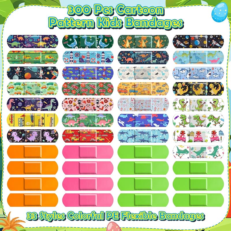 Sublaga 300 Pcs Kids Bandages - 33 Styles Waterproof Cartoon Adhesive Bandages (Colorful) Variation: Colorful - 300 Pcs