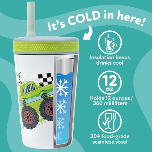 Nuby Thirsty Kids Insulated Toddler Cup - 12 oz Stainless Steel, Leak-Resistant with Silicone Flexstraw - Monster Trucks