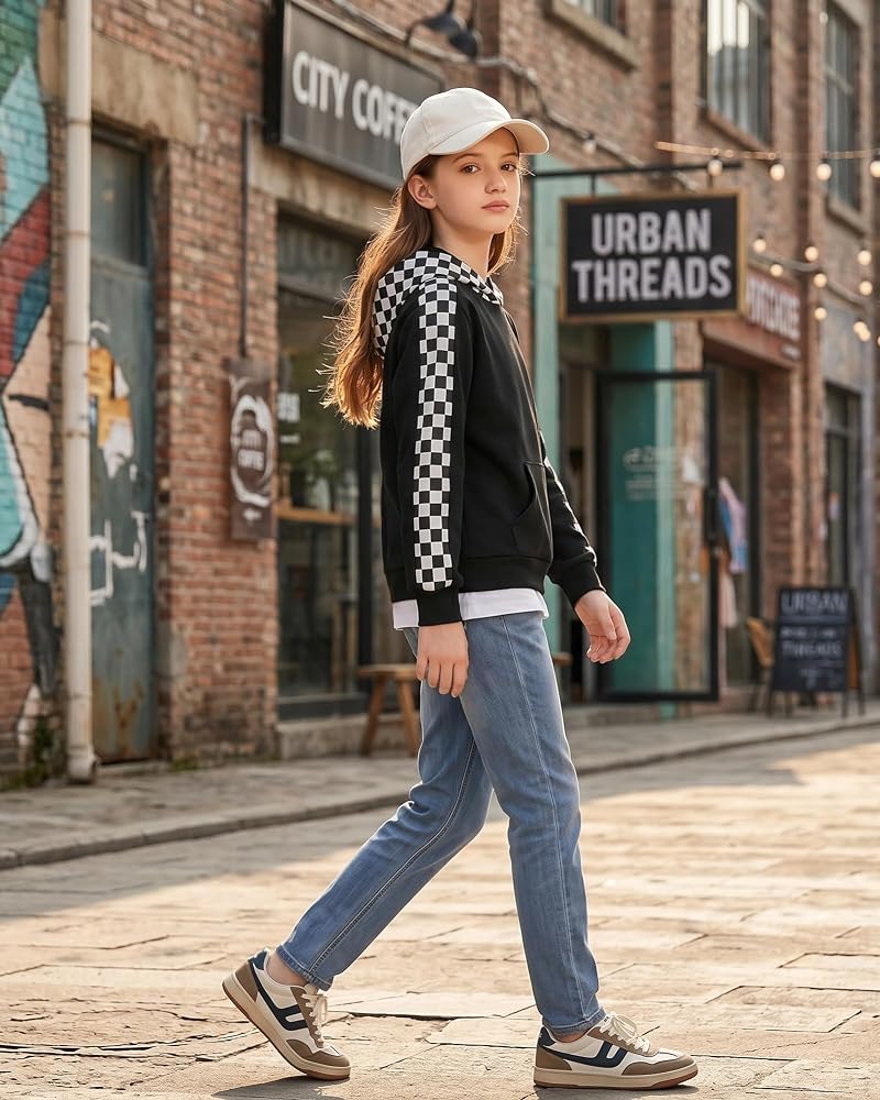 Girls Checkered Hoodie Sweatshirt 4-12 Years Black 11-12 Years DISAUR