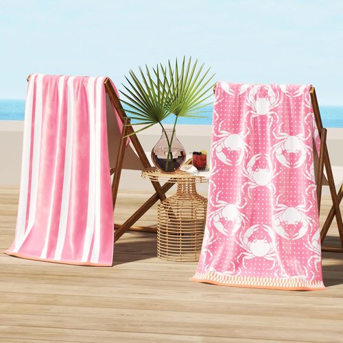 Great Bay Home 100% Cotton Beach Towels - Absorbent Quick-Dry 30 x 60" Pool Towels | Pink/White Crabs & Stripes