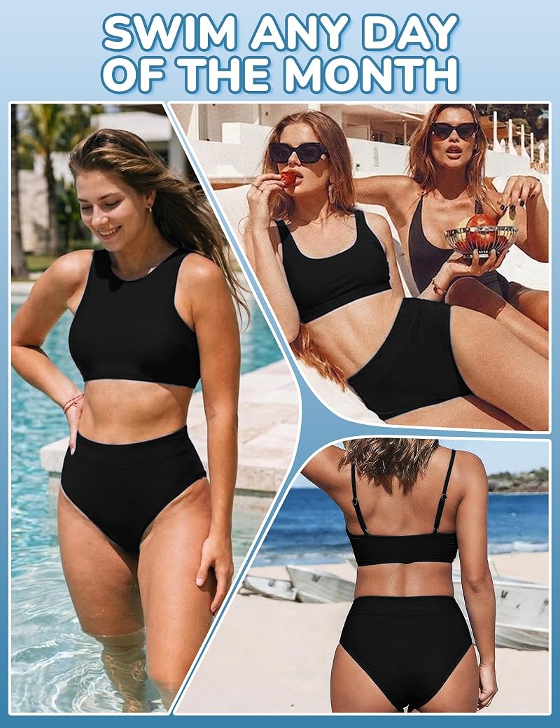 Period Swim Bottoms High-Waist Tankini with Built-In Absorbent Liner, Black, Medium