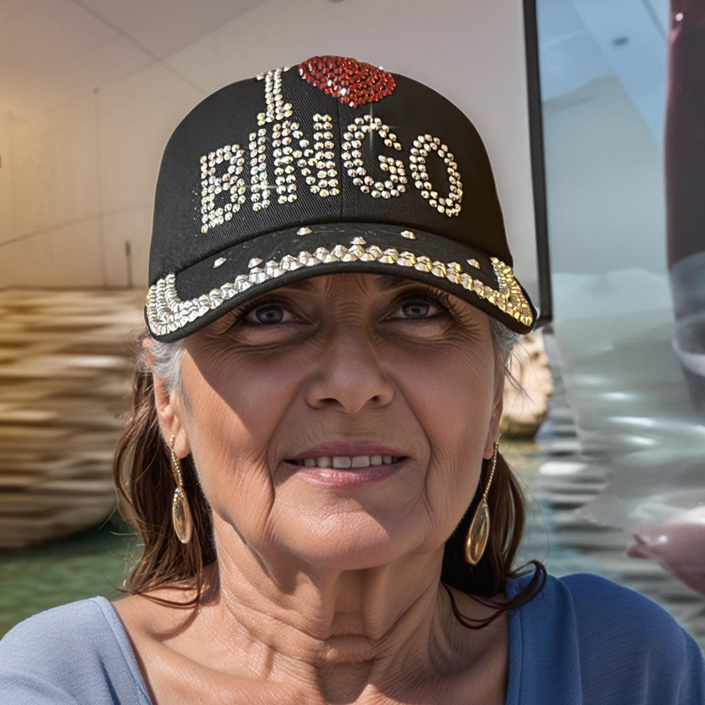 Popfizzy I Love Bingo Hat for Women, Bingo Lover Baseball Hat, Adult Bedazzled Rhinestone Hats, Bling Bingo Gifts, Black