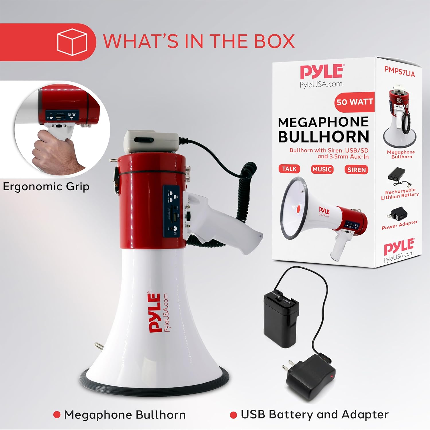 Pyle 50W Megaphone Bullhorn - Portable & Lightweight with Siren, Rechargeable Battery, 1600 Yards Range, White