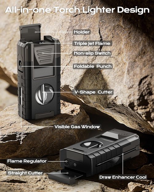 6-in-1 Torch Lighter, Torch Lighters with V & Straight Cutter, Windproof Triple Flame, Punch, Holder, and Draw Enhancer Tool, Butane Refillable Lighters, All-in-one Lighter Gifts for Men for Candles