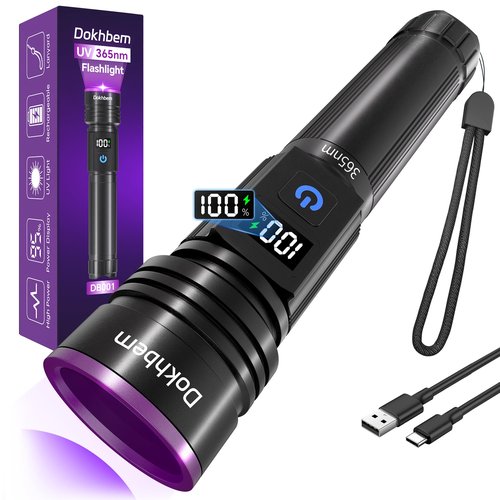 Dokhbem 365nm UV Flashlight Rechargeable, Black Light Flashlight with LCD Display, Powerful Ultraviolet Lights for Pet Urine Detection, Resin Curing, Rockhounding, Scorpion, Uranium Glass, A/C Leak