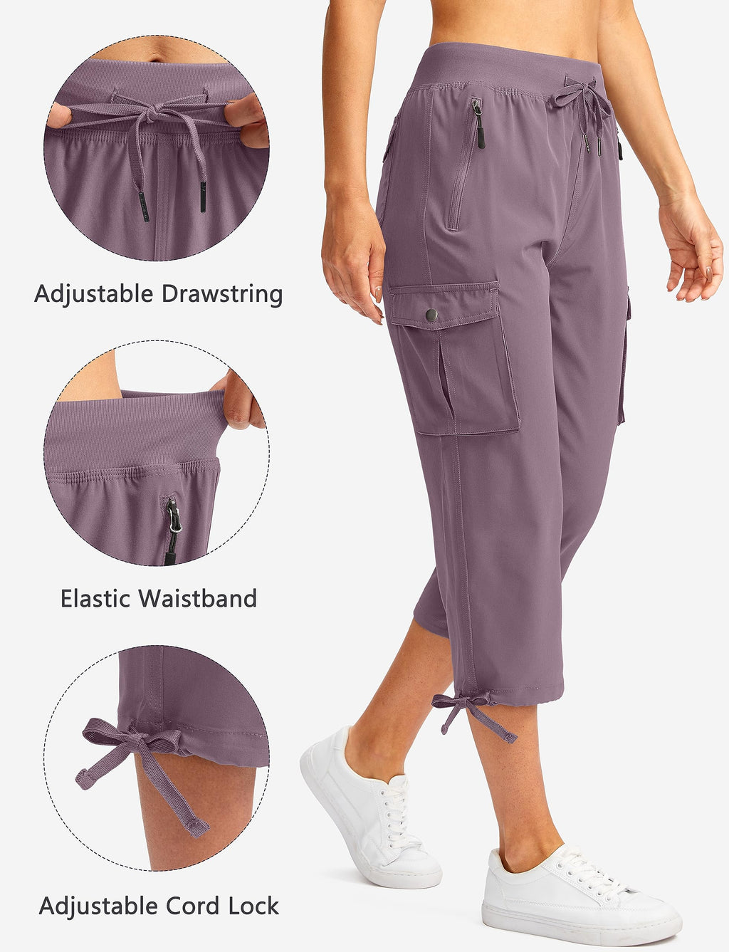 Soothfeel Women's Cargo Capris Pants with 6 Pockets Lightweight Quick Dry Travel Hiking Summer Pants for Women Casual (Purple, S)