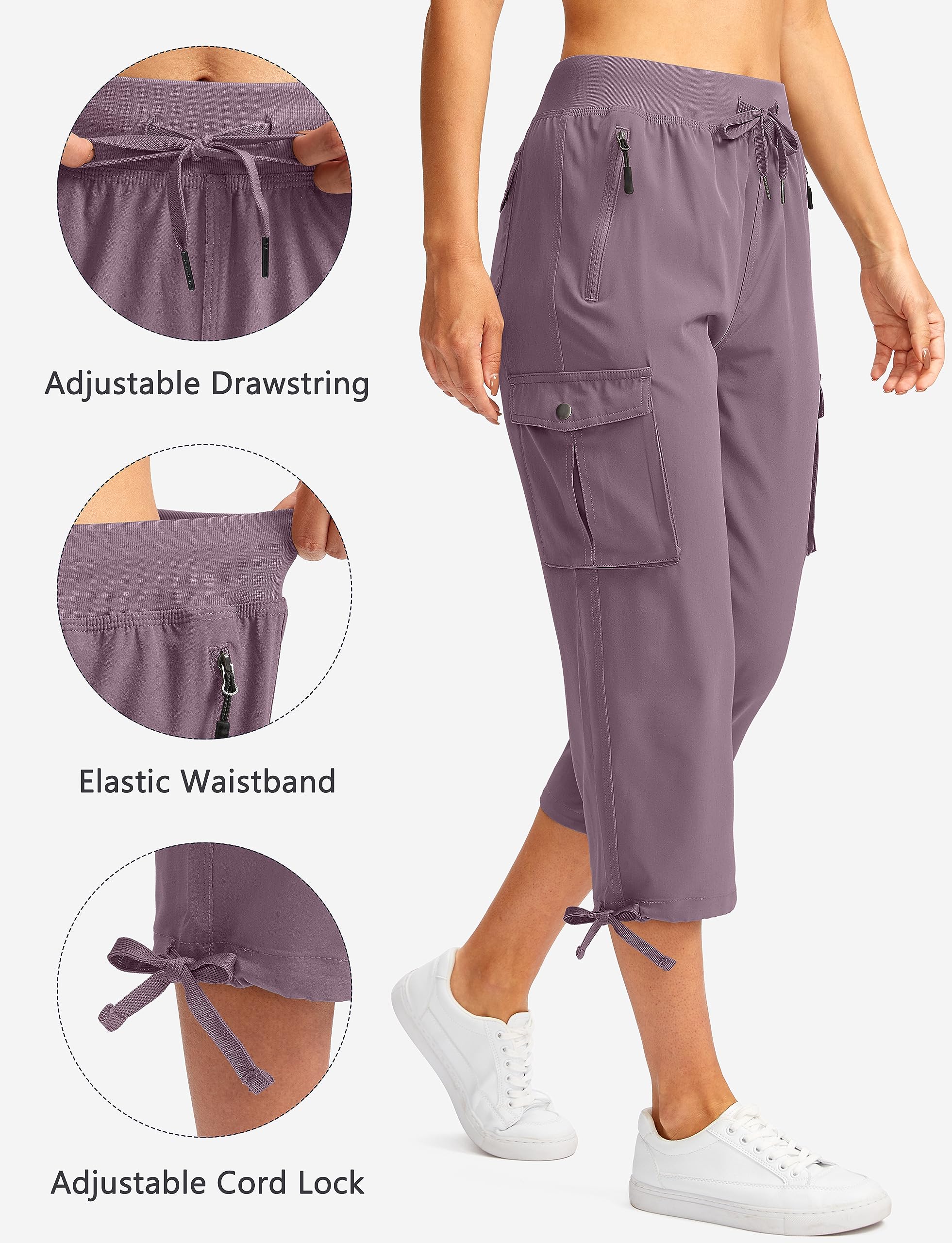 Soothfeel Women's Cargo Capris Pants with 6 Pockets Lightweight Quick Dry Travel Hiking Summer Pants for Women Casual (Purple, S)