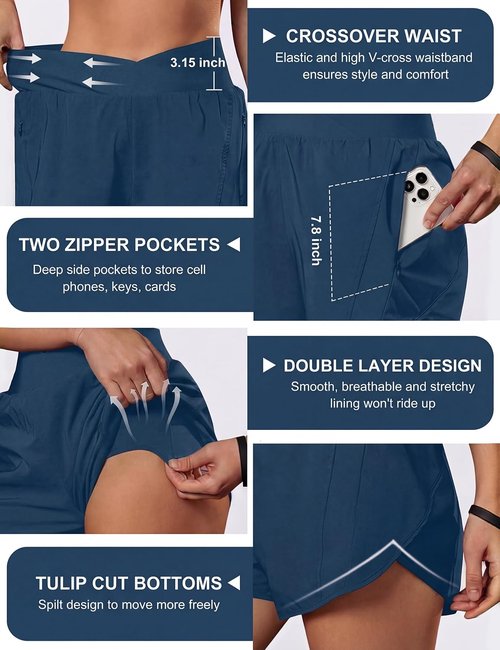 Blooming Jelly Women's High Waisted Athletic Running Shorts - Crossover Design with Zipper Pockets