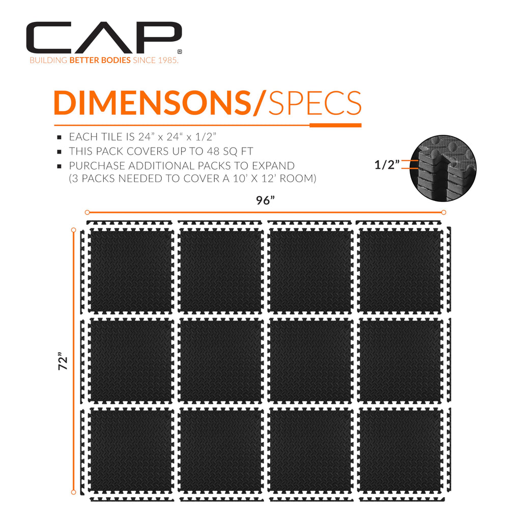 CAP Barbell 1/2-Inch Interlocking EVA Foam Exercise Puzzle Mat Home Gym Flooring - 2 Pack | 24" x 24" x 1/2" | Diamond Pattern - Black