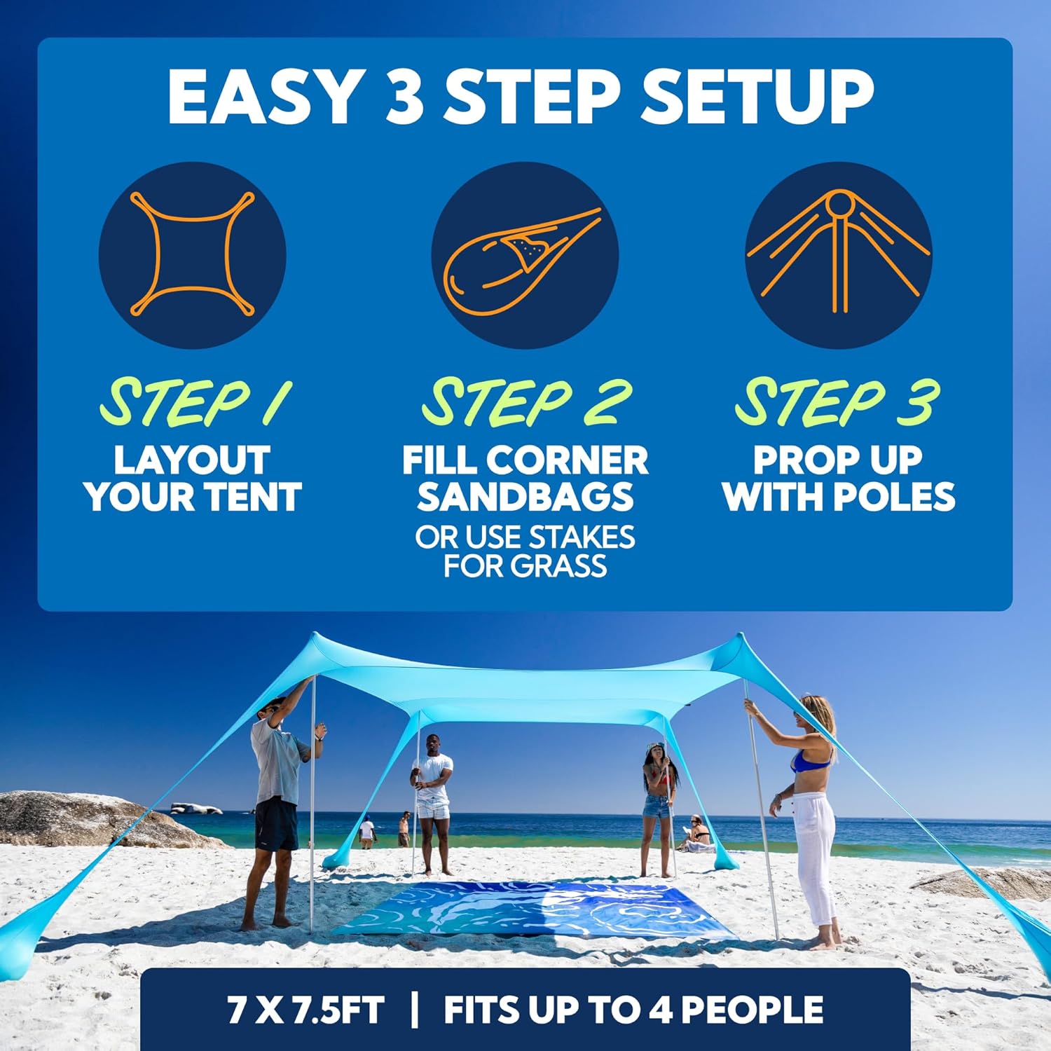SUN NINJA Beach Tent Sun Shelter | UPF50+ Easy Pop-Up Canopy for Camping & Picnics - Includes Sand Shovel & Stability Poles