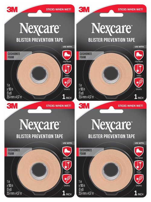 Nexcare Blister Prevention Tape, Waterproof Foam Medical Tape, Latex-Free, Sticks Firmly to Skin to Help Prevent Blisters - 1 in x 5 yds, 4 Rolls of Tape
