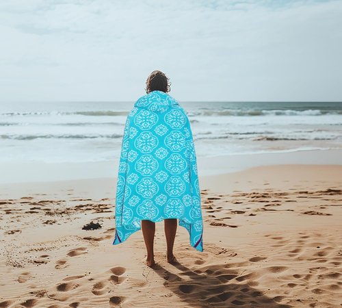 COTTON CRAFT Oversized Hooded Beach Towel - 100% Cotton Velour Terry - Quick Dry Pool Wrap | 39 x 68 Inches - Summer Trellis Pool Blue