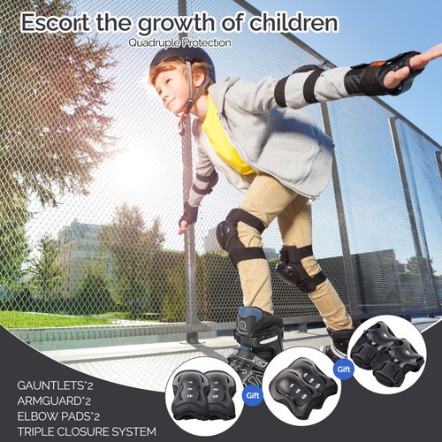 Boys' Double-Row Roller Skates with Protective Gear - One-Click 4-Size Adjustable, Safety Brake System with Latch & Light-Up Wheels, Indoor/Outdoor Youth Skates for Kids Ages 3-12
