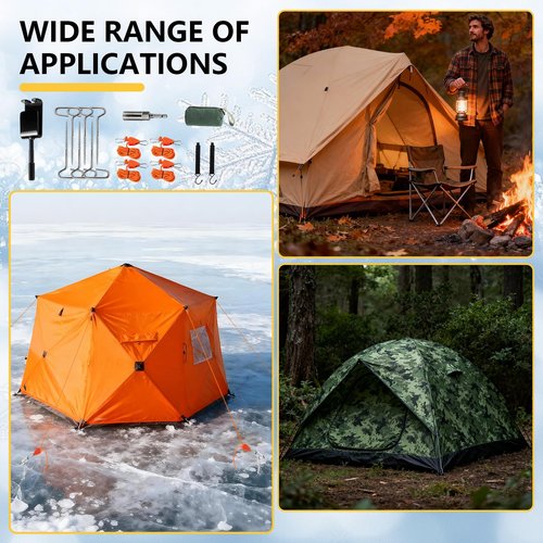 Heavy Duty Ice Anchor Drill Adapter Tool Kit, 19Pcs Stainless Steel Tent Stakes Set with 13FT Ratchet Ropes, Tent Hooks, Canvas Bag for Ice Fishing Shelter Setup (8Pcs Tent Stakes+6Pcs Rope Roller)