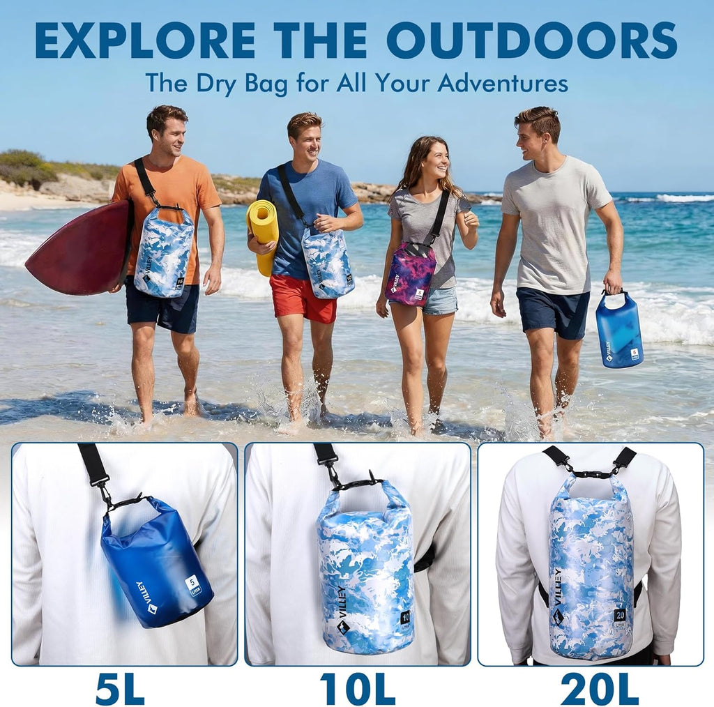 VILLEY Waterproof Dry Bag - 5L Roll Top Storage Backpack for Kayaking, Camping & Beach - Blue Transparent