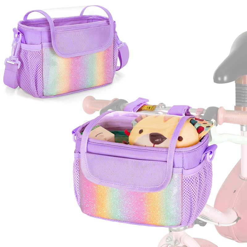 Kids Bike Basket Front Bag Purple - Water-Resistant 420D Nylon, Quick-Install