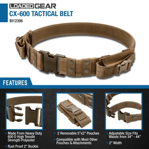 Barska Optics BI12306 CX-600 Tactical Belt, Tan , Fits: Up to 44"
