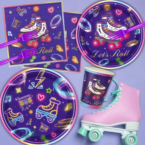 FVEOCR 160 Pack Roller Skating Party Supplies Let's Roll Birthday Supplies Roller Skate Party Tableware Set for Roll Themed Skating Party Decorations Serves 40